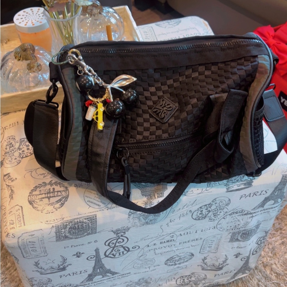 Black Checkered Shoulder Bag with Charm